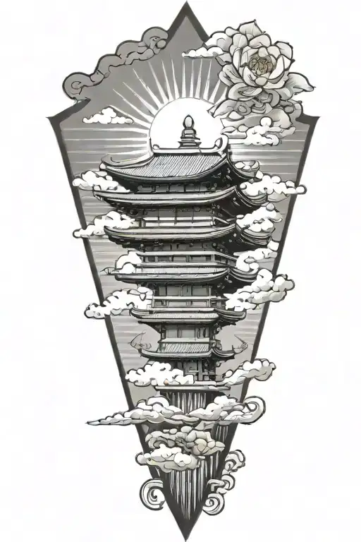 japanese temple clouds on a mountain  lotus flower under a japanese rising sun flag tattoo design idea