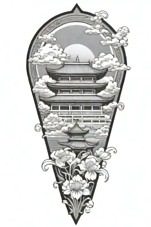 japanese temple clouds on a mountain  lotus flower under a japanese rising sun flag tattoo design idea