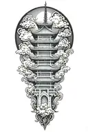 tall japanese temple clouds on a mountain  lotus flower  japanese filagree tattoo design idea
