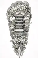 tall japanese temple clouds on a mountain  lotus flower  japanese filagree tattoo design idea