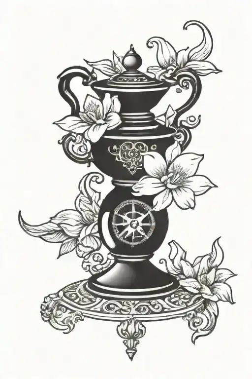 Genie lamp with magnolia flower and a compass tattoo design idea