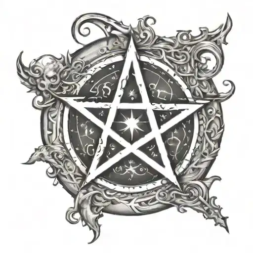 A modern interpretation of a wiccan pentagram with Leviathan imagery tattoo design idea