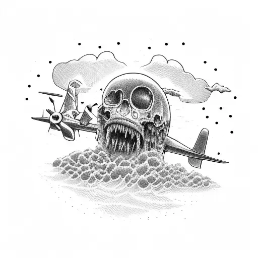 a plane crash on an island with a black fog monster tattoo design idea