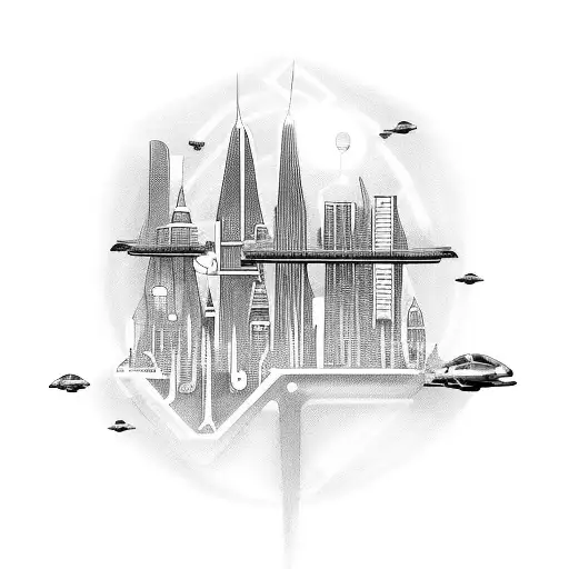 A futuristic cityscape with flying cars and bicycles tattoo design idea