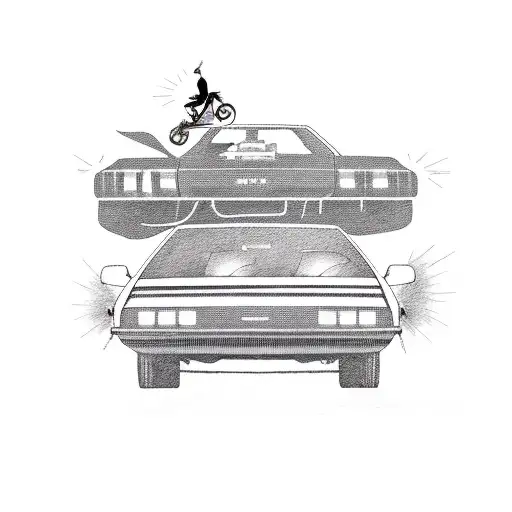 A time-traveling DeLorean car with a cyclist on a hoverboard tattoo design idea