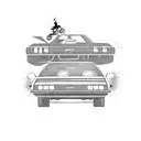 A time-traveling DeLorean car with a cyclist on a hoverboard tattoo design idea