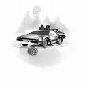 A time-traveling DeLorean car with a cyclist on a hoverboard tattoo design idea