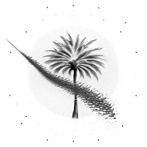 A palm tree made of guitar necks with waves crashing in the background tattoo design idea