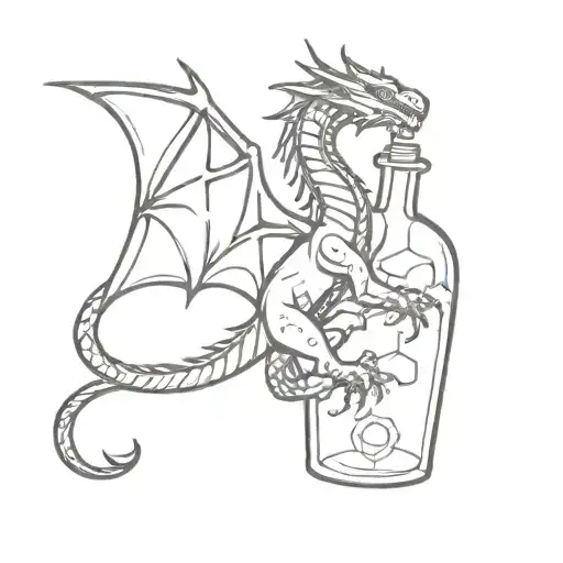 dragon climbing on a potion bottle full of dnd dice tattoo design idea