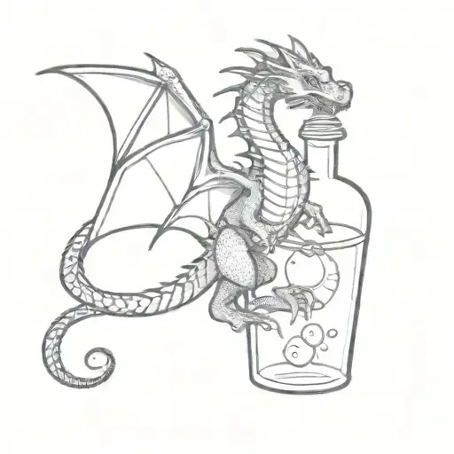 cute dragon climbing on a potion bottle full of dnd dice tattoo design idea
