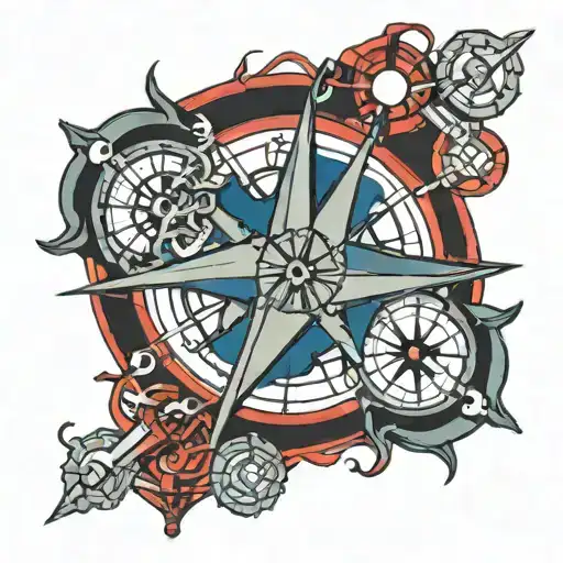 navy anchor and compass with lightining bolts  only red and black colors  tattoo design idea