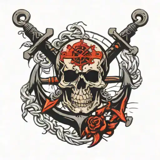 skull anchor and compass labeled only red and black colors  tattoo design idea