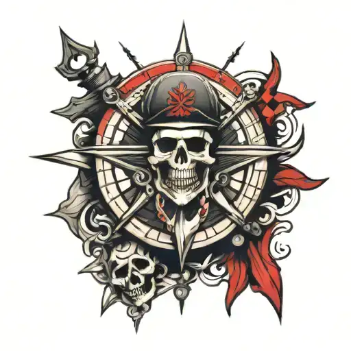skull anchor and compass only red and black colors  tattoo design idea