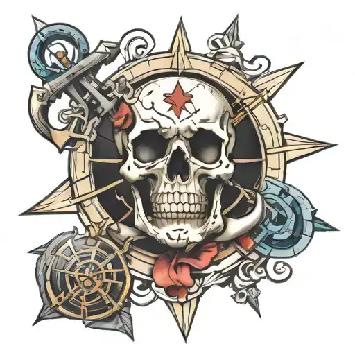 skull anchor and compass  tattoo design idea