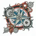 navy anchor and compass with lightining bolts  only red and black colors  tattoo design idea