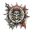 skull anchor and compass only red and black colors  tattoo design idea
