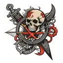 skull anchor and compass only red and black colors  tattoo design idea