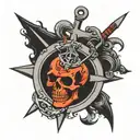 skull anchor and compass only red and black colors  tattoo design idea