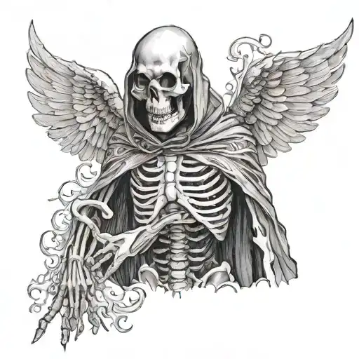 a skeleton hidden by a hood and a long cape, he has angel's wings and he spits flames from his mouth tattoo design idea