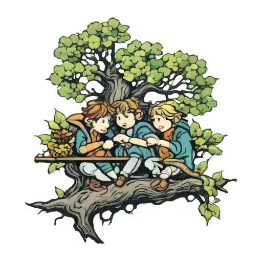hobbits sitting in tree tattoo design idea