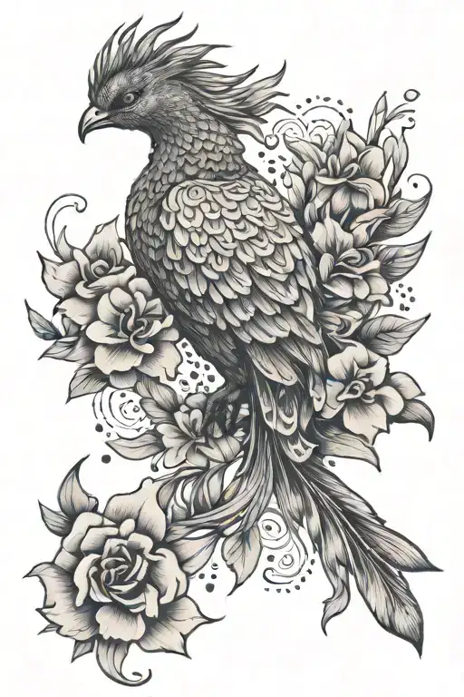 feminine rising phoenix rising from larkspur flowers tattoo design idea