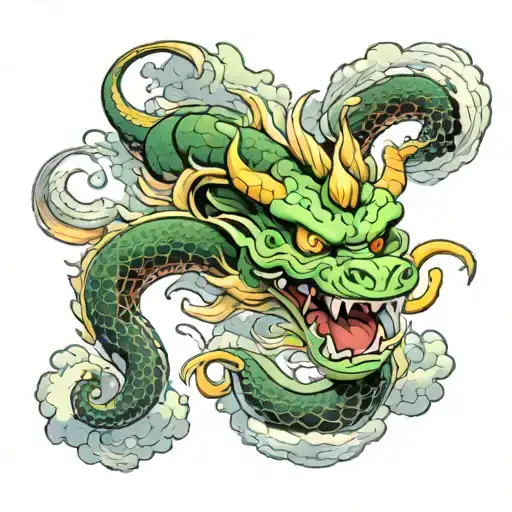 A detailed portrait of Shenron, the mystical dragon from Dragon Ball, surrounded by intricate Japanese-inspired clouds tattoo design idea
