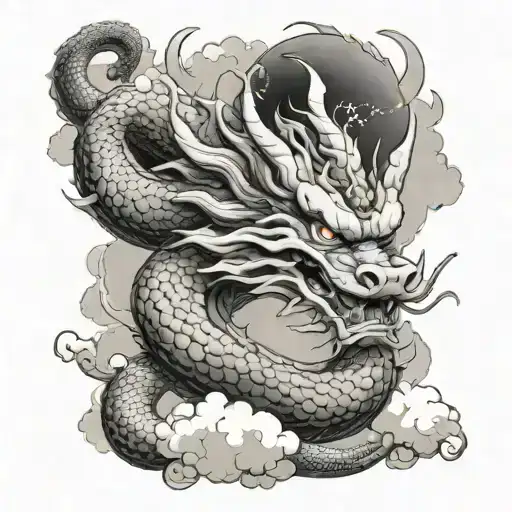 A detailed portrait of Shenron, the mystical dragon from Dragon Ball, surrounded by intricate Japanese-inspired clouds tattoo design idea
