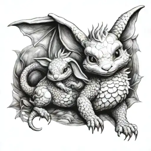 dragon protecting cute bunny tattoo design idea
