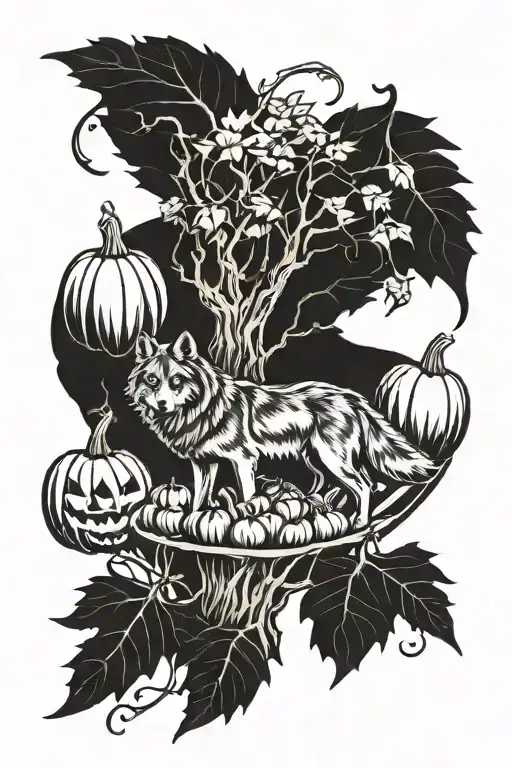wolf and pumpkins under an apple tree tattoo design idea