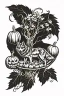 wolf and pumpkins under an apple tree tattoo design idea