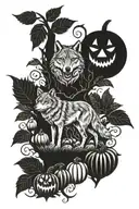 wolf and pumpkins under an apple tree tattoo design idea