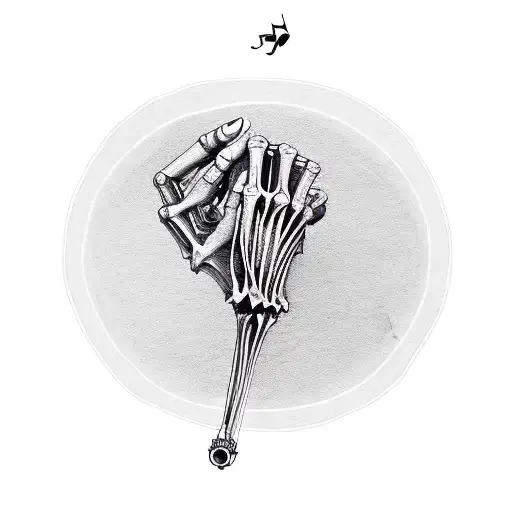 A skeletal hand holding a coffee mug with musical notes swirling around it tattoo design idea