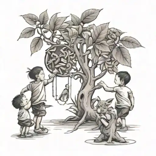 A money tree with children playing underneath tattoo design idea