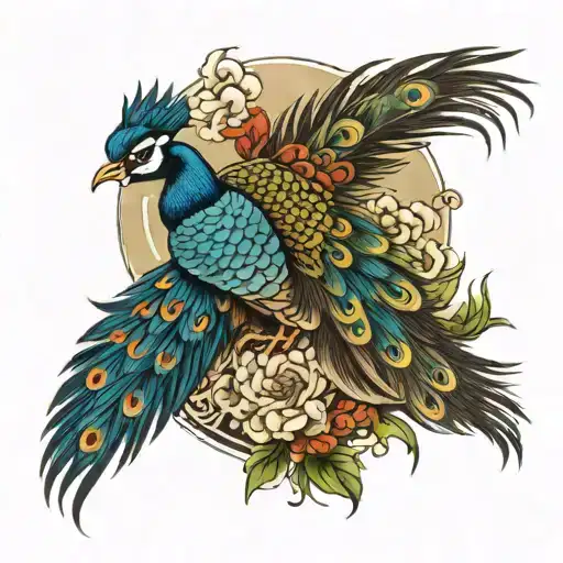 spear and peacock feathers tattoo design idea