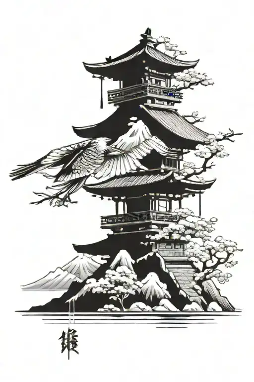 samurai warrior mount fuji torii gate heron flying tattoo design idea