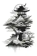 samurai warrior mount fuji torii gate heron flying tattoo design idea