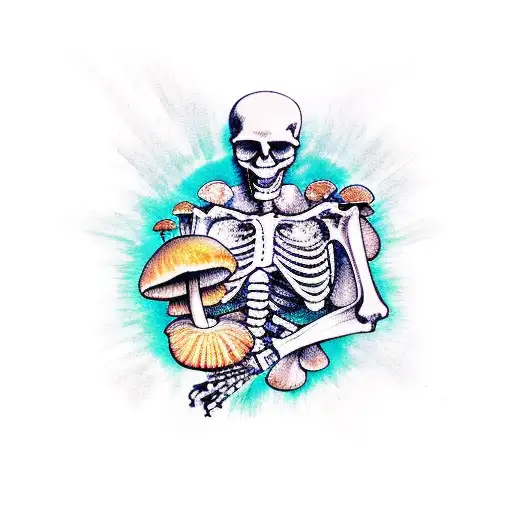 skeleton reaching hand up past mushrooms tattoo design idea
