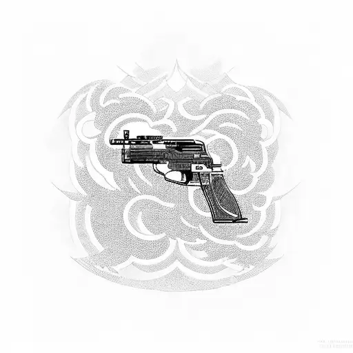 A futuristic gun with anime-inspired designs and symbols tattoo design idea