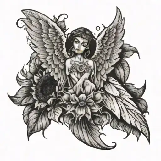 sunflower incorporated angel wings sitting tattoo design idea