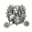 A bust of Sephiroth from Final Fantasy 7 with a frame surrounded by carnations tattoo design idea