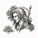 A bust of Sephiroth from Final Fantasy 7 with a frame surrounded by carnations tattoo design idea
