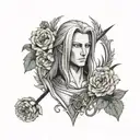 A bust of Sephiroth from Final Fantasy 7 with a frame surrounded by carnations tattoo design idea
