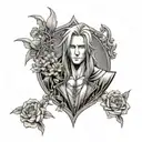 A bust of Sephiroth from Final Fantasy 7 with a frame surrounded by carnations tattoo design idea