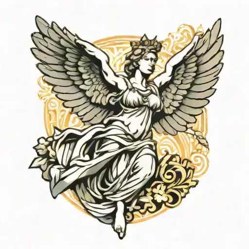 winged victory statue in front of marble pattern background  tattoo design idea