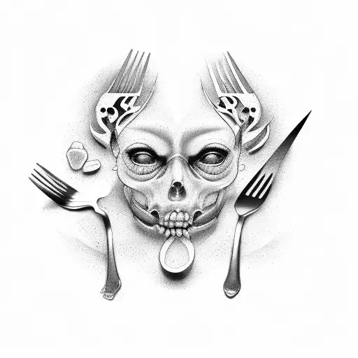 a set of cutleries, fork and knife. in an ancient style tattoo design idea