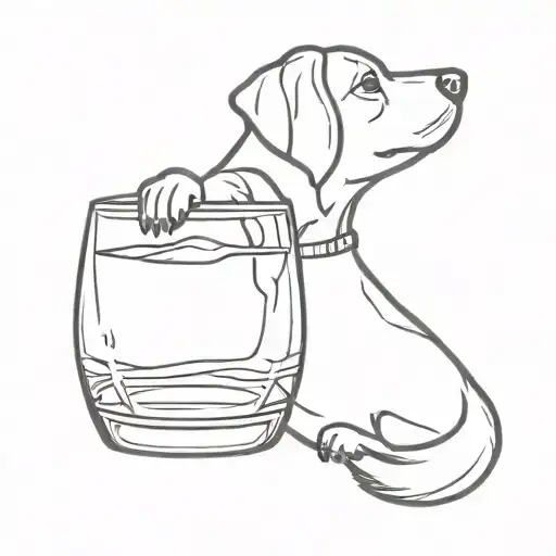 Design a tattoo of a whiskey glass with a small sauasage dog peeking over the edge of the glass tattoo design idea