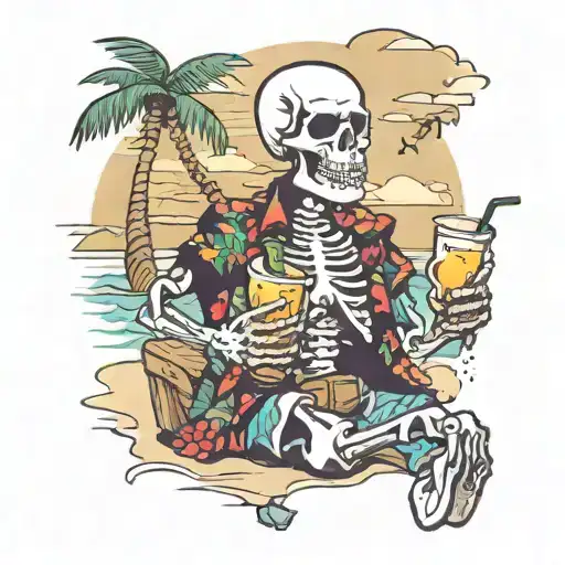 happy skeleton in a hawaiian shirt holding a drink and relaxing on a beach tattoo design idea