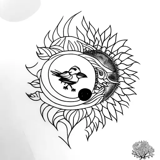 crow with multiple sunflowers wrapped around moon tattoo design idea
