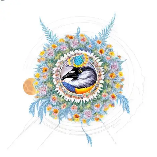 crow with multiple sunflowers wrapped around moon tattoo design idea