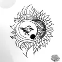 crow with multiple sunflowers wrapped around moon tattoo design idea